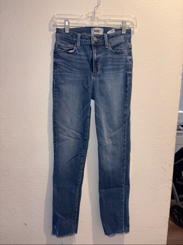 Paige Blue Skinny Jeans Raw Hem Subtle Fading Sz 25